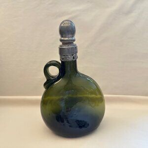 Antique Olive Green Glass Pewter Decanter